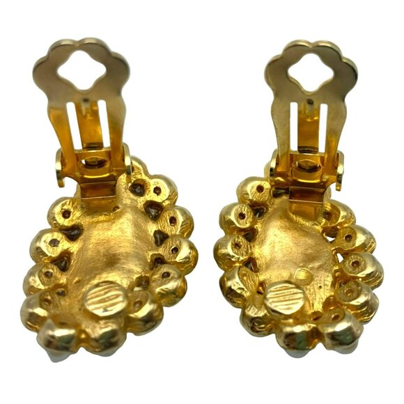 Vintage Leaf Earrings Faux Pearls & Gold Glass Opalescent Rhinestone 50's Clip - Picture 6 of 7